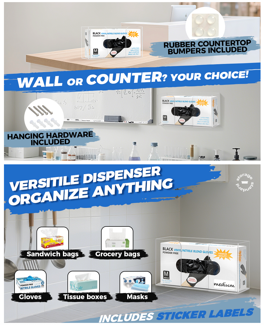 Storage Standard Glove Box Holder Dispenser - Kitchen, Medical, & Latex Glove Holder Wall Mount or Countertop, Universal Fit - Thick Acrylic, Easy to Use, Slide, & Load Open Top Design - Clear