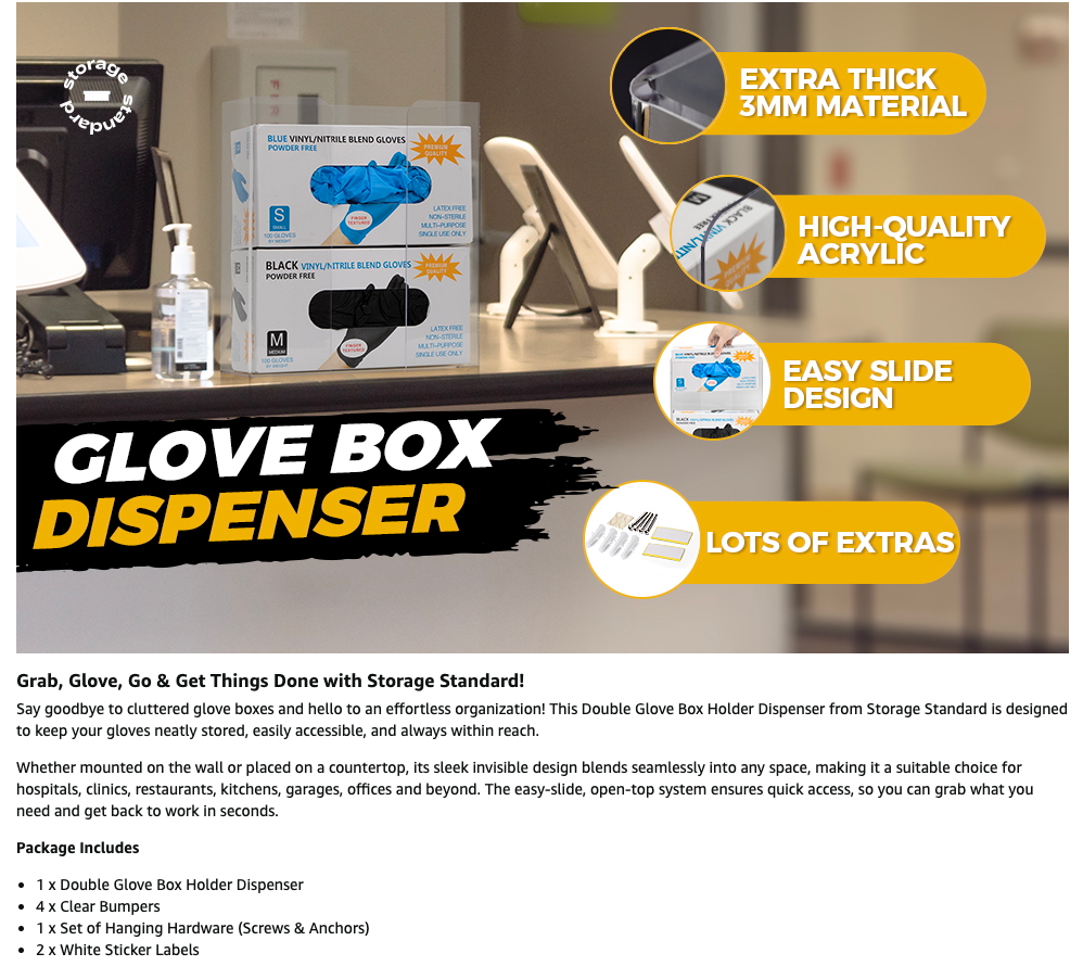 Storage Standard Double Glove Box Holder Dispenser - Kitchen, Medical, & Latex Glove Holder Wall Mount or Countertop, Universal Fit - Thick Acrylic, Easy to Use, Slide, & Load Open Top Design - Clear