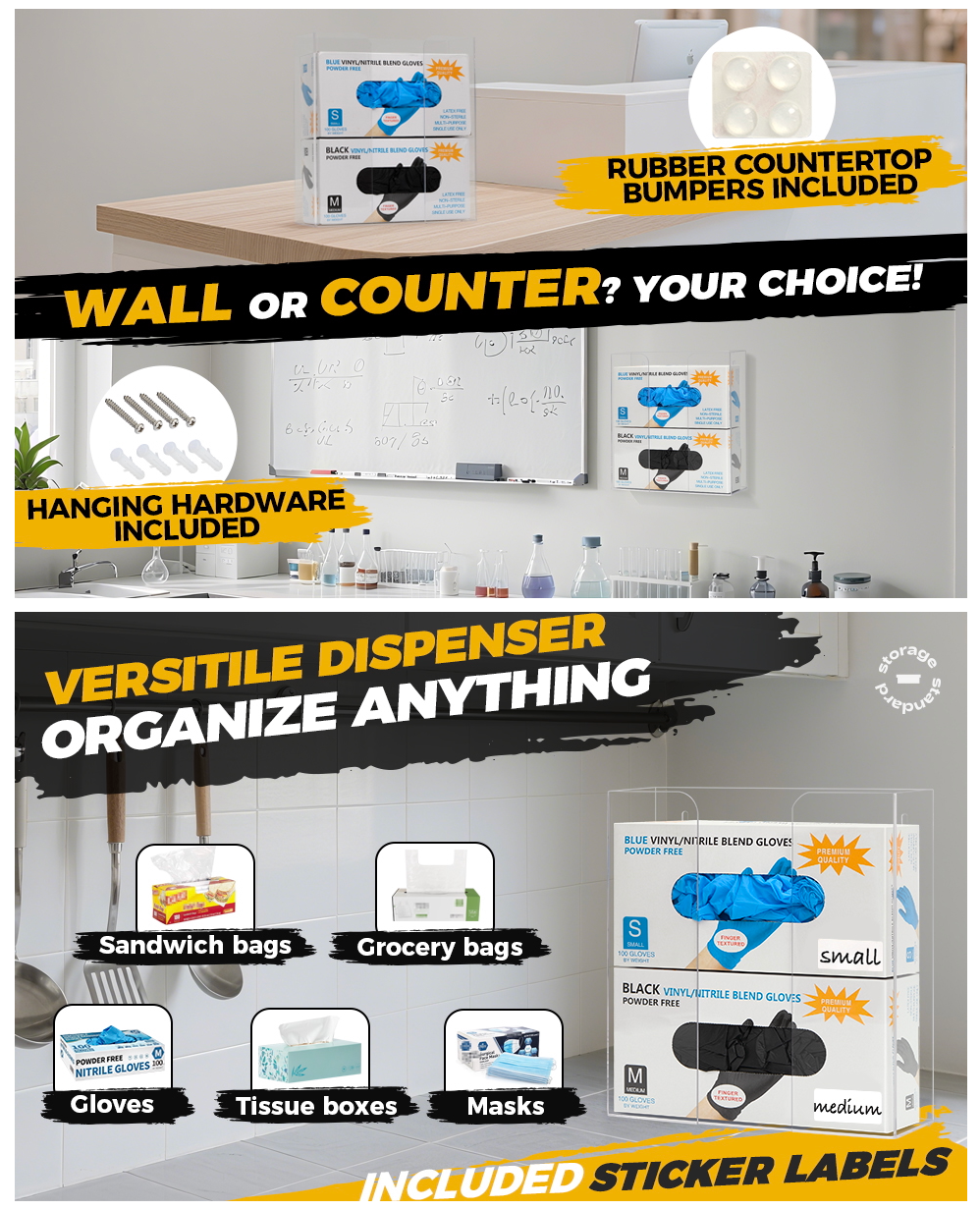 Storage Standard Double Glove Box Holder Dispenser - Kitchen, Medical, & Latex Glove Holder Wall Mount or Countertop, Universal Fit - Thick Acrylic, Easy to Use, Slide, & Load Open Top Design - Clear