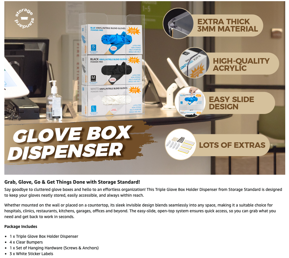 Storage Standard Triple Glove Box Holder Dispenser - Kitchen, Medical, & Latex Glove Holder Wall Mount or Countertop, Universal Fit - Thick Acrylic, Easy to Use, Slide, & Load Open Top Design - Clear