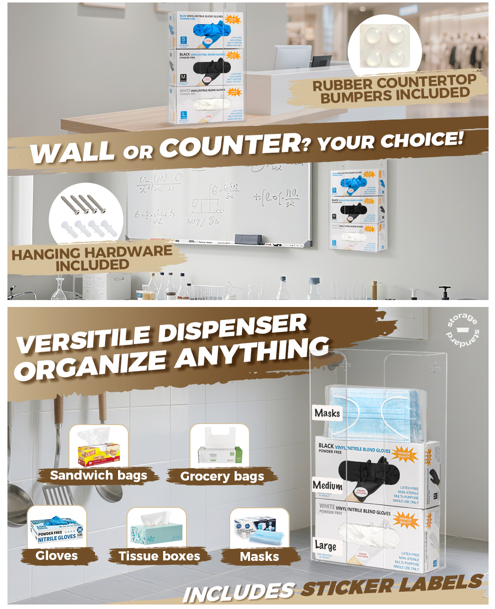 Storage Standard Triple Glove Box Holder Dispenser - Kitchen, Medical, & Latex Glove Holder Wall Mount or Countertop, Universal Fit - Thick Acrylic, Easy to Use, Slide, & Load Open Top Design - Clear