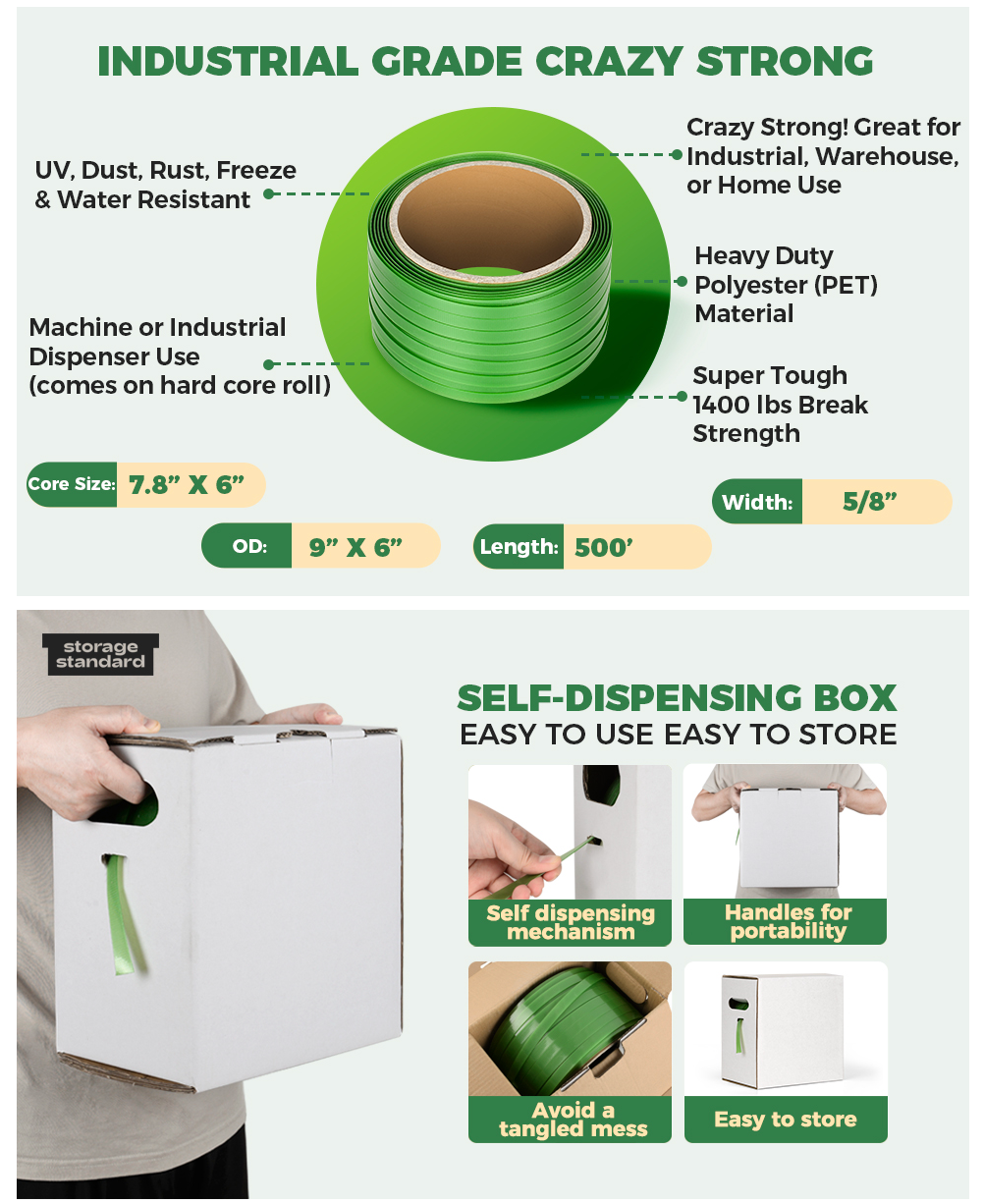 Heavy Duty Strapping Roll for Packaging & Banding - Green Polyester PET Industrial-Grade, 500 ft x 5/8" x 0.035" Pallet Strap Coil - 1400 lbs Break Strength, Rust-Resistant with Self Dispensing Box Kit