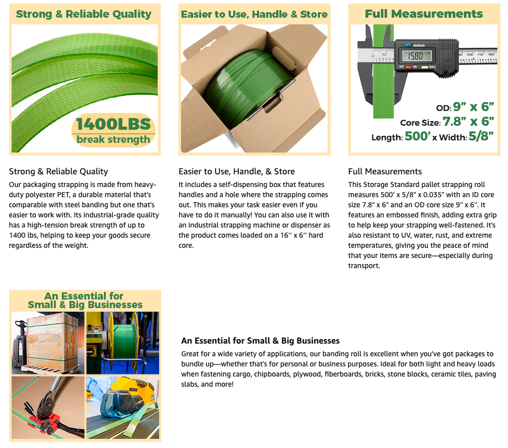 Heavy Duty Strapping Roll for Packaging & Banding - Green Polyester PET Industrial-Grade, 500 ft x 5/8" x 0.035" Pallet Strap Coil - 1400 lbs Break Strength, Rust-Resistant with Self Dispensing Box Kit