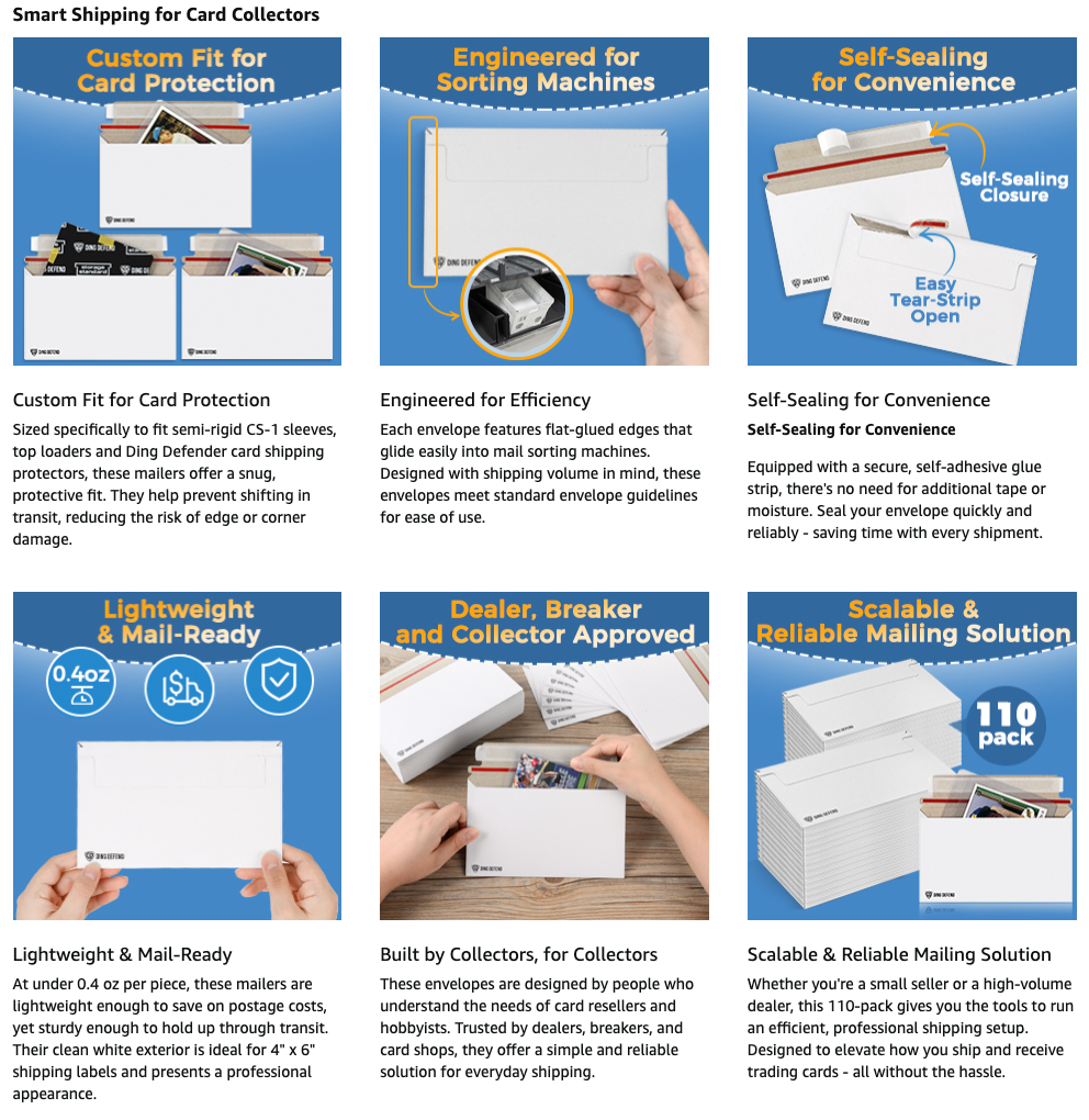 110-Pack Card Shipping Envelopes - 7 x 4.35 Inches Trading Cards Self-Adhesive Mailers, Perfect Fit for Semi-Rigid Sleeves, Toploaders & Ding Defend Protectors - Hobby Mailing Supplies