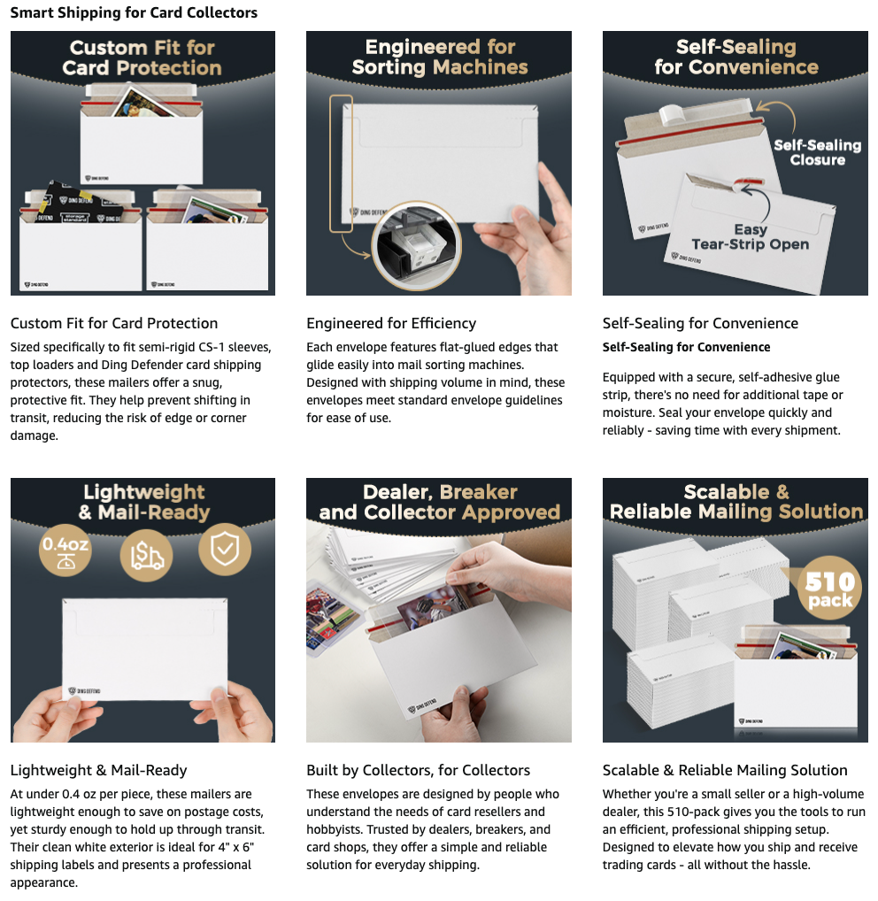 510-Pack Card Shipping Envelopes - 7 x 4.35 Inches Trading Cards Self-Adhesive Mailers, Perfect Fit for Semi-Rigid Sleeves, Toploaders & Ding Defend Protectors - Hobby Mailing Supplies
