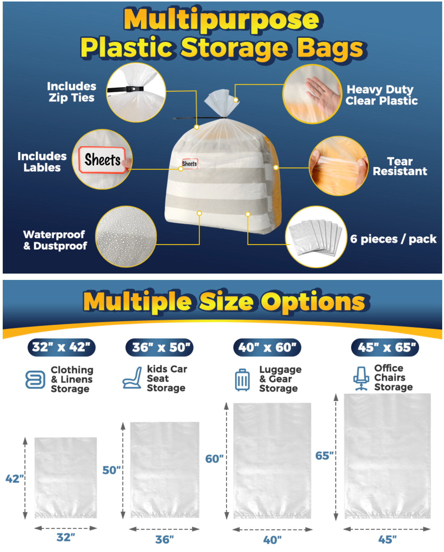 Storage Standard Large Clear Plastic Bags for Storage 6-Pack - Waterpr