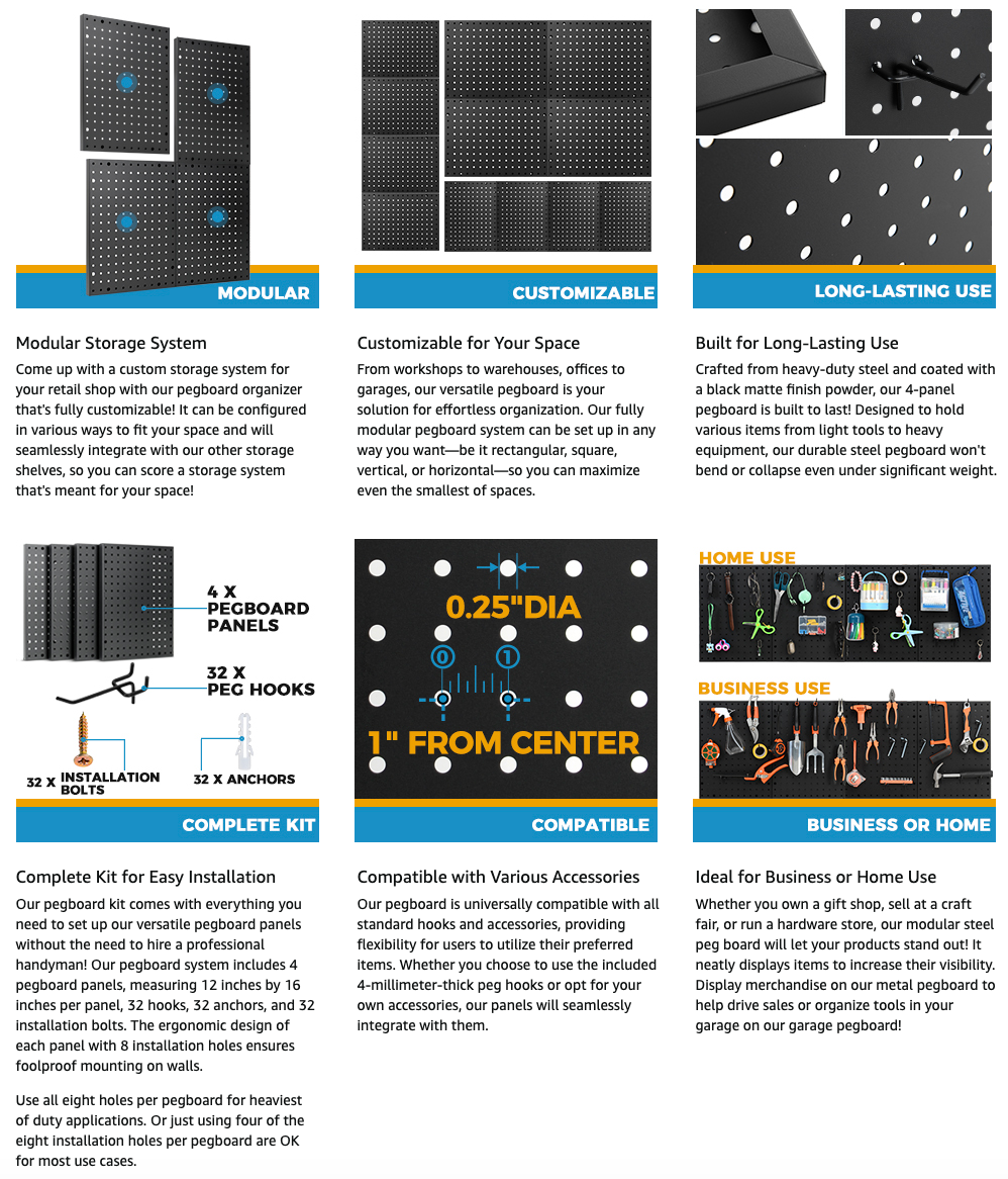 Heavy Duty 4-Panel Pegboard Wall Organizer With 32 Peg Hooks - 4 Black Metal Pegboard Panels for Shops or Warehouse - Garage Wall Organizer & Tool Wall Organizer – Modular Peg Board Wall Organizer Kit